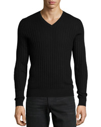 Neiman Marcus Superfine Cashmere Ribbed V Neck Sweater Black