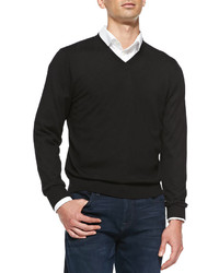 Neiman Marcus Superfine Cashmere V Neck Sweater Black