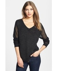 Trouve Sheer Panel V Neck Sweater Black Small
