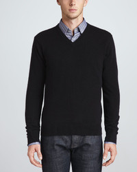 Neiman Marcus V Neck Cashmere Pullover Sweater Black