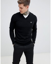 Fred Perry V Neck Merino Knitted Jumper In Black