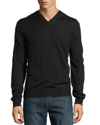 Neiman Marcus V Neck Wool Blend Sweater Black