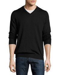 Neiman Marcus Wool Long Sleeve V Neck Sweater Black