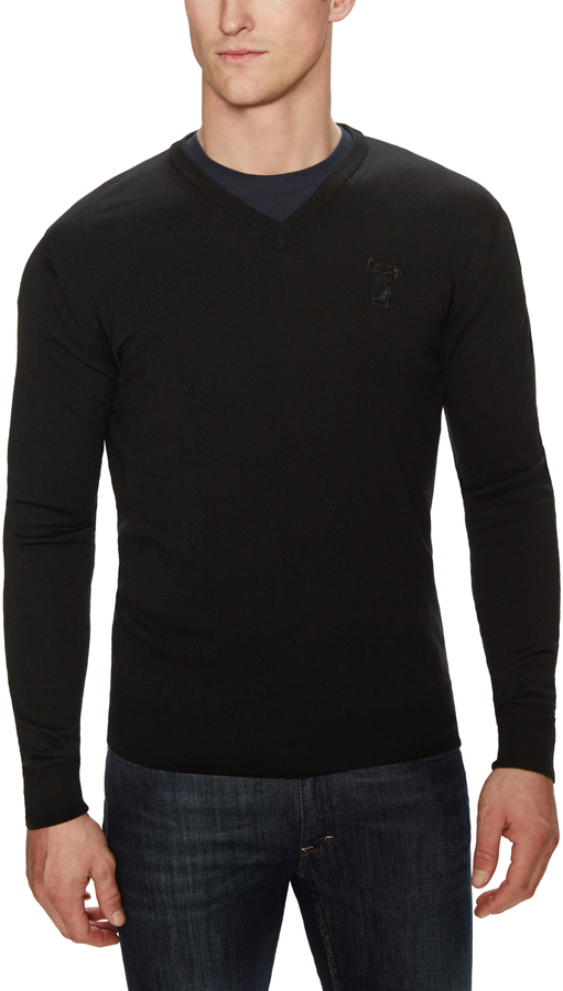 Versace Wool V Neck Logo Sweater, $295 