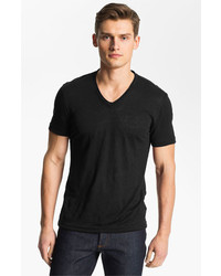 John Varvatos Collection V Neck Linen T Shirt Black Medium