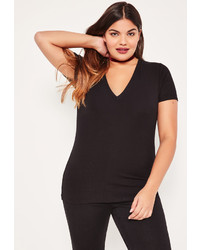 Missguided Plus Size Black Ribbed V Neck T Shirt