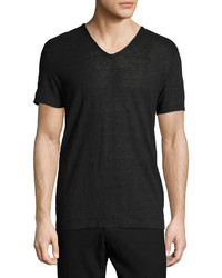 Vince Short Sleeve V Neck Linen T Shirt Black