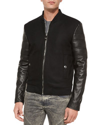 Versace Collection Leather Sleeve Varsity Jacket Black
