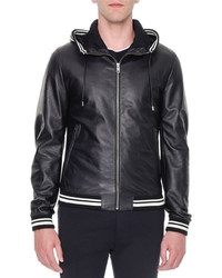 Dolce & Gabbana Leather Hooded Varsity Jacket Black