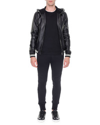 Dolce & Gabbana Leather Hooded Varsity Jacket Black