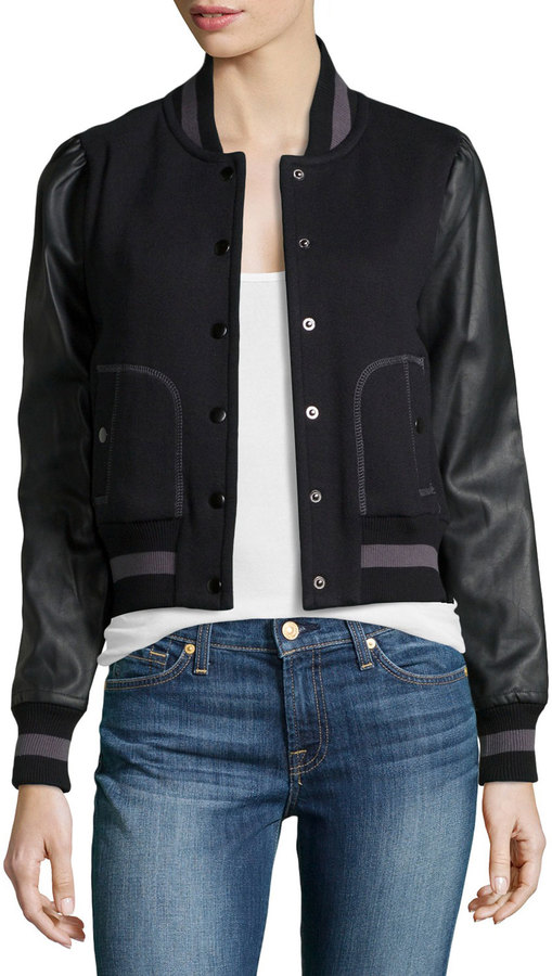 Rachel Zoe Faux Leather Sleeve Baseball Jacket Black | Where to buy ...