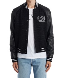 Valentino Vlogo Tweed Leather Varsity Jacket In Nero At Nordstrom
