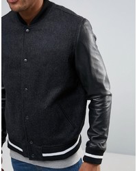 Asos Wool Mix Varsity Jacket With Leather Sleeves In Black
