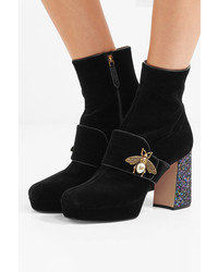 Gucci Embellished Glittered Velvet Ankle Boots Black