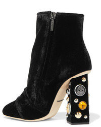Dolce & Gabbana Embellished Velvet Ankle Boots Black
