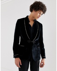 ASOS DESIGN Skinny Blazer In Black Velvet With Frogging