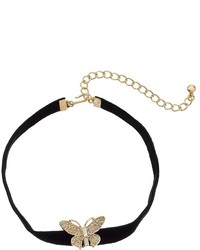 Kenneth Jay Lane 12 Black Velvet Choker With Gold And Crystal Butterfly Front And 4 Extender Chain Necklace Necklace
