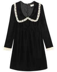 Saint Laurent Lace Trimmed Velvet Mini Dress Black
