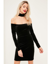 Missguided Tall Black Choker Neck Bardot Velvet Dress