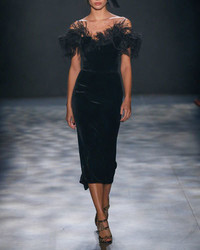 Marchesa Off The Shoulder Velvet Cocktail Dress With Ostrich Feathers