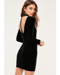 Missguided Petite Black Tab Detail Velvet Dress