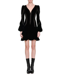 Alexander McQueen Satin Trim Velvet Long Sleeve Minidress Black