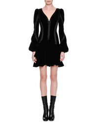 Alexander McQueen Satin Trim Velvet Long Sleeve Minidress Black