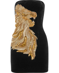 Balmain Strapless Embellished Velvet Mini Dress Black