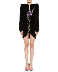 Saint Laurent Velvet Iris Strong Shoulder Dress