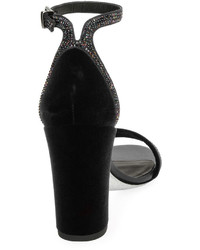 Rene Caovilla Crystal Trim Velvet Block Heel Sandal Black Pattern