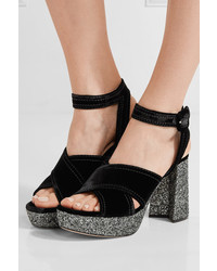 Miu Miu Glittered Velvet Platform Sandals Black