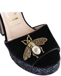 Gucci Heeled Sandals Soko Sandals In Soft Velvet With Applied Metal Bee And Maxi Glitter Heels