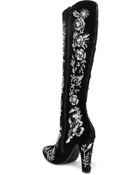 Saint Laurent Lily Embellished Velvet Knee Boots Black