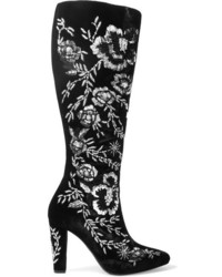 Saint Laurent Lily Embellished Velvet Knee Boots Black