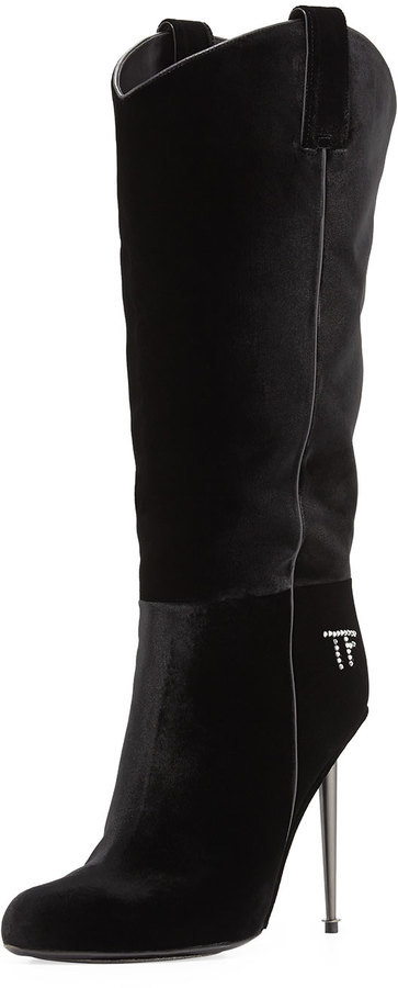 Tom Ford Velvet Mid Calf Western Cut Stiletto Boot Blackgunmetal, $1,990 |  Neiman Marcus | Lookastic
