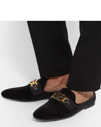 Versace Leather Trimmed Horsebit Velvet Backless Loafers
