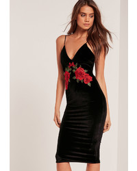 Missguided Strappy Flower Velvet Midi Dress Black