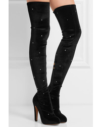 Charlotte Olympia Infinity And Beyond Embellished Stretch Velvet Over The Knee Boots Black