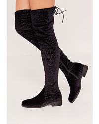 Missguided Black Croc Velvet Flat Over The Knee Boots