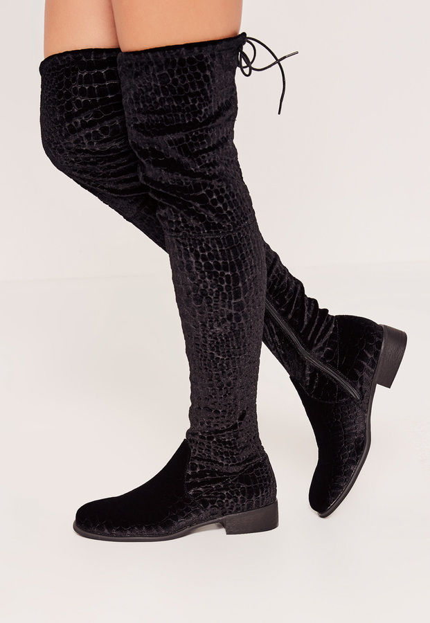 Lima Classic napkin Missguided Black Croc Velvet Flat Over The Knee Boots, $76 | Missguided |  Lookastic