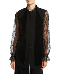 Elie Tahari Liz Long Vest W Angled Velvet Panels Black