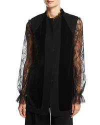 Elie Tahari Liz Long Vest W Angled Velvet Panels Black