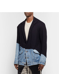 Greg Lauren Distressed Denim Panelled Pinstriped Wool Blend Blazer