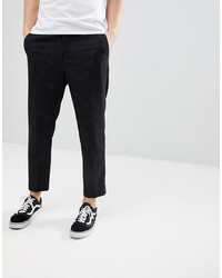 Bershka Cropped Trousers In Black Pinstripe Stripe