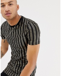 ASOS DESIGN Muscle Fit Longline T Shirt With Gold Vertical Stripe