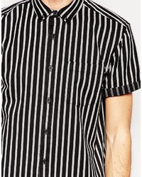 Asos Brand Stripe Shirt In Monochrome With Short Sleeves In Regular Fit