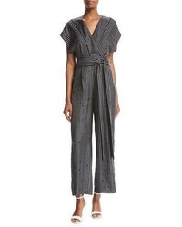 Diane von Furstenberg Short Sleeve V Neck Striped Silk Jumpsuit