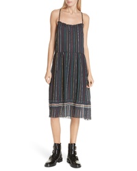 Black Vertical Striped Silk Midi Dress