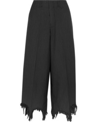Facetasm Distressed Pinstriped Wool And Silk Blend Wide Leg Pants Black