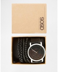 Asos Brand Watch And Bracelet Set In Black